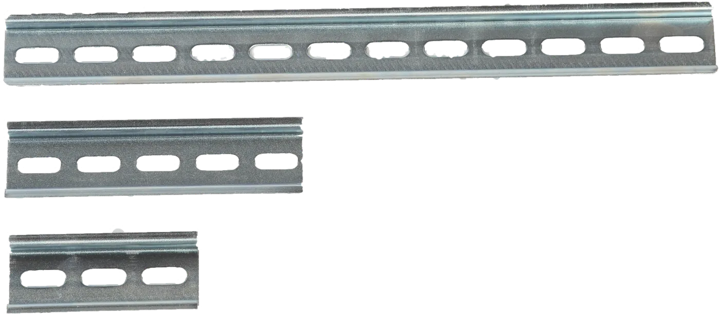 Three lengths of slotted galvanized steel DIN rail