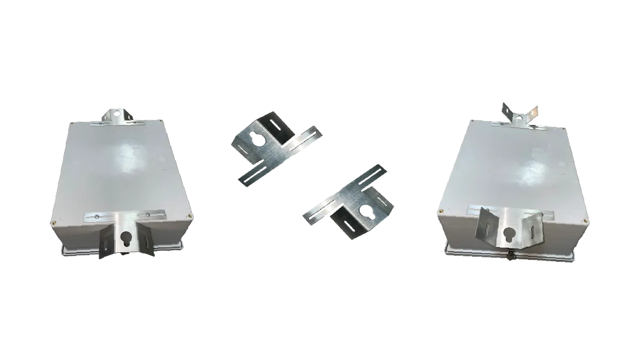 Two enclosures with mounting brackets fitted top and bottom, and a pair of loose brackets
