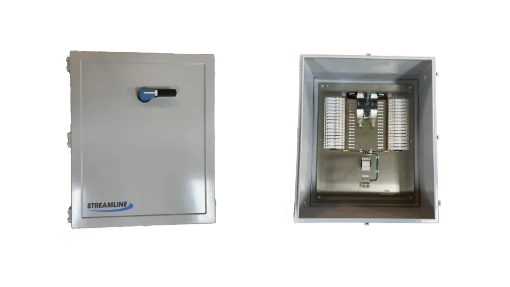 Streamline solar combiner box, shown closed and with the door open
