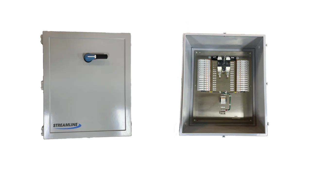 Streamline solar combiner box: the closed enclosure with its disconnect handle, and the open enclosure showing fuse holders, disconnect switch and surge protection