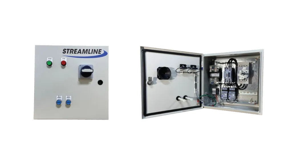 Streamline starter panel, shown closed and with the door open