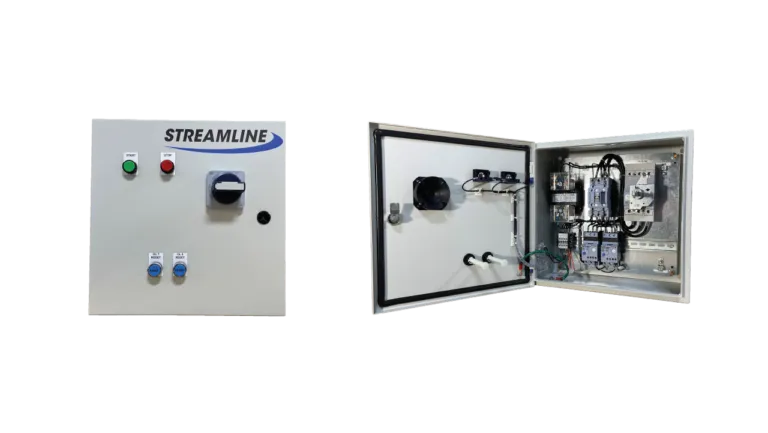 Streamline starter panel: the closed enclosure with start and stop buttons and a disconnect handle, and the open enclosure showing the contactor and overload relay