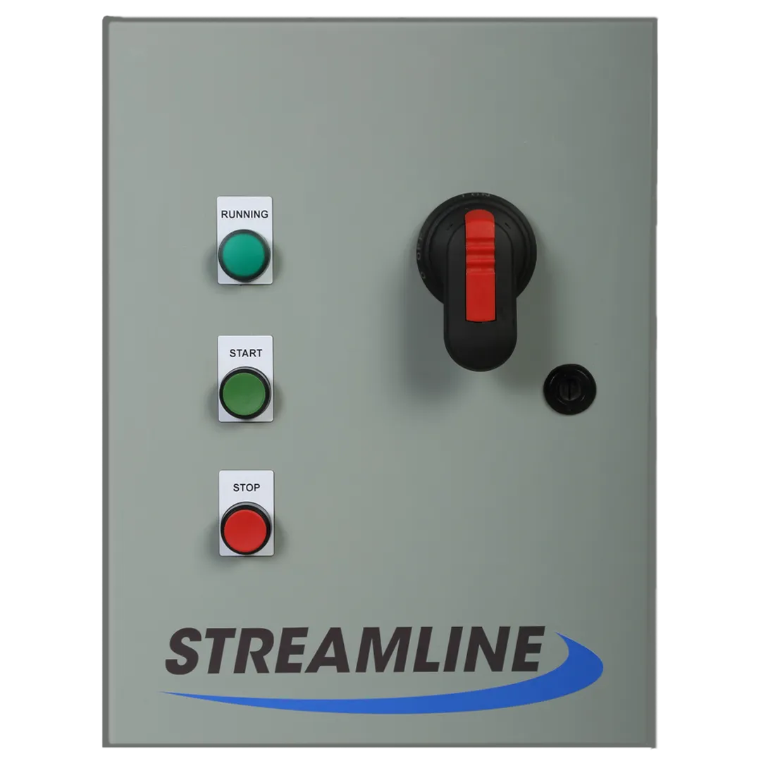 Front of a Streamline starter panel with Running, Start and Stop pilot devices and a red and black disconnect handle