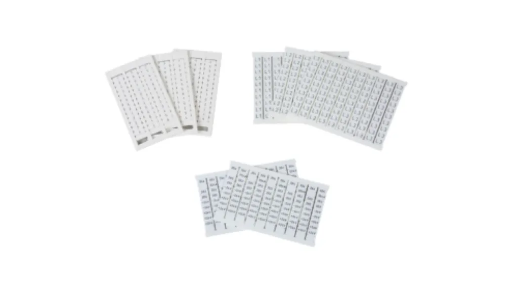 Printed terminal marker cards with numbers and labels such as L1, L2, L3 and +24V
